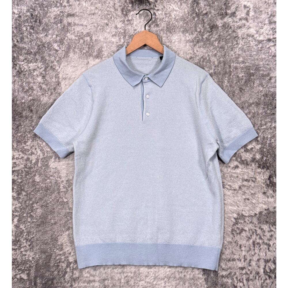 Vince Sweater Polo XL Mens Baby Blue Merino Wool Short Sleeve